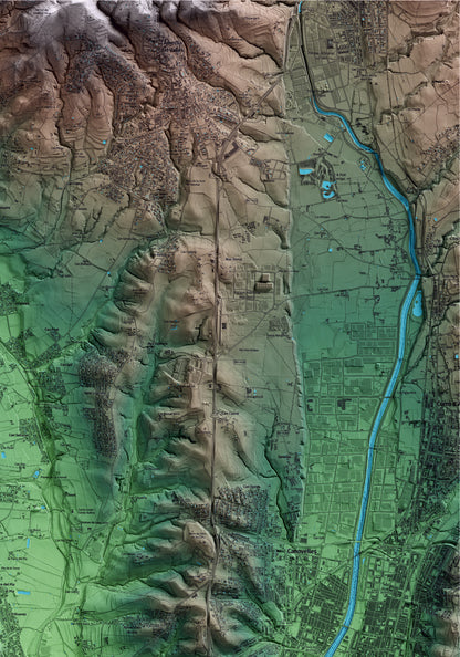 Mapa artístico del relieve de Lliçà d'Amunt, al Vallès Oriental, con 15 km de entorno y base topográfica ICGC. Detalle de la zona superior derecha.
