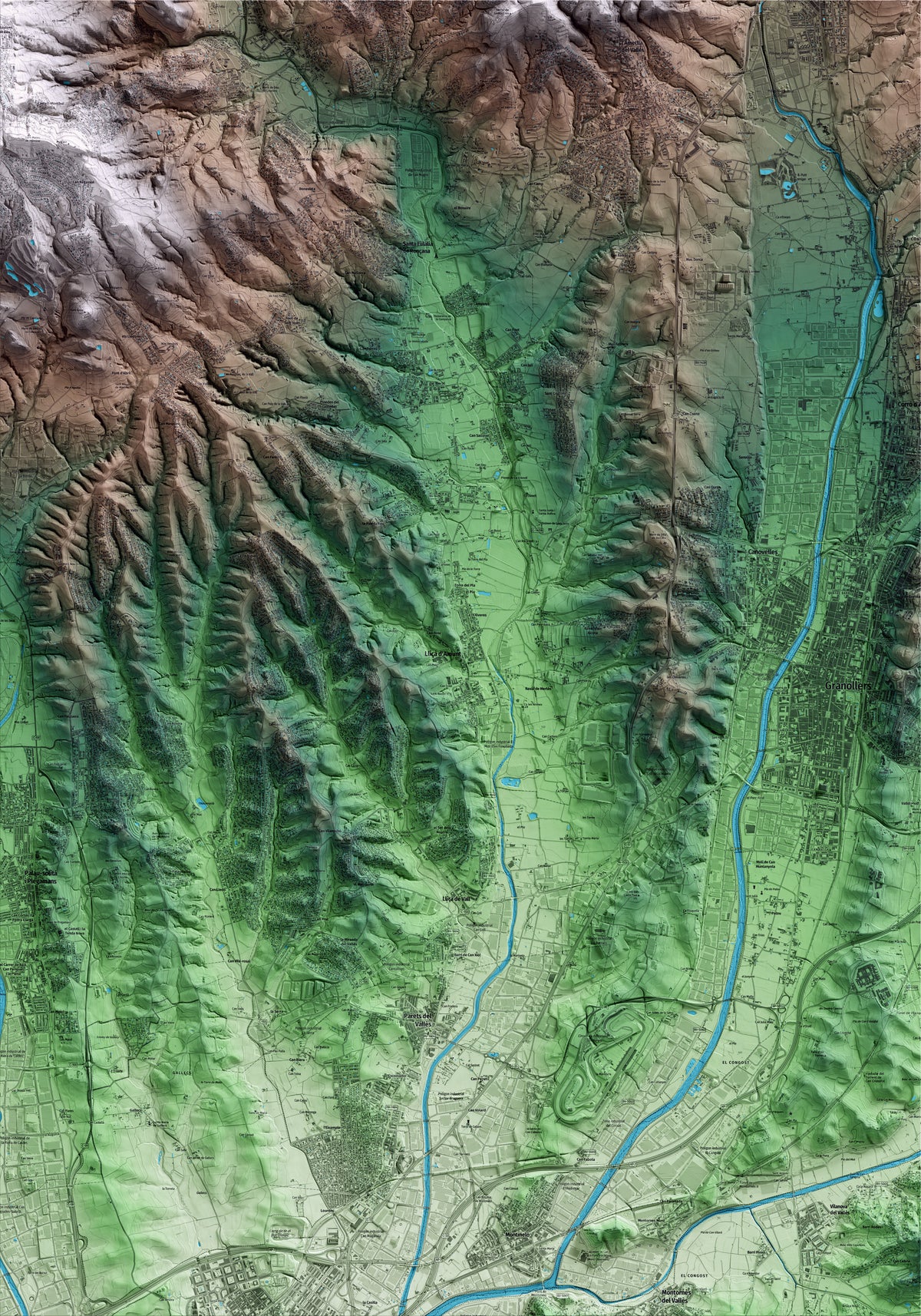 Mapa artístico del relieve de Lliçà d'Amunt, al Vallès Oriental, con 15 km de entorno y base topográfica ICGC