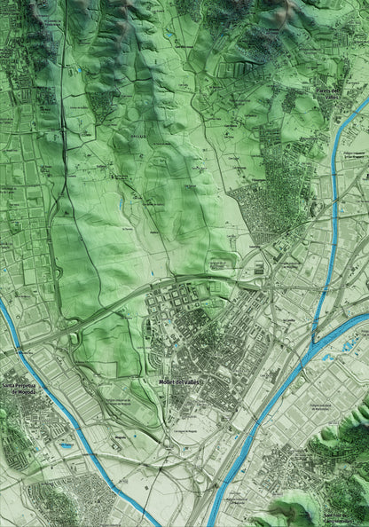 Mapa artístico del relieve de Lliçà de Vall, al Vallès Oriental, con 15 km de entorno y base topográfica ICGC. Detalle de la zona inferior izquierda.