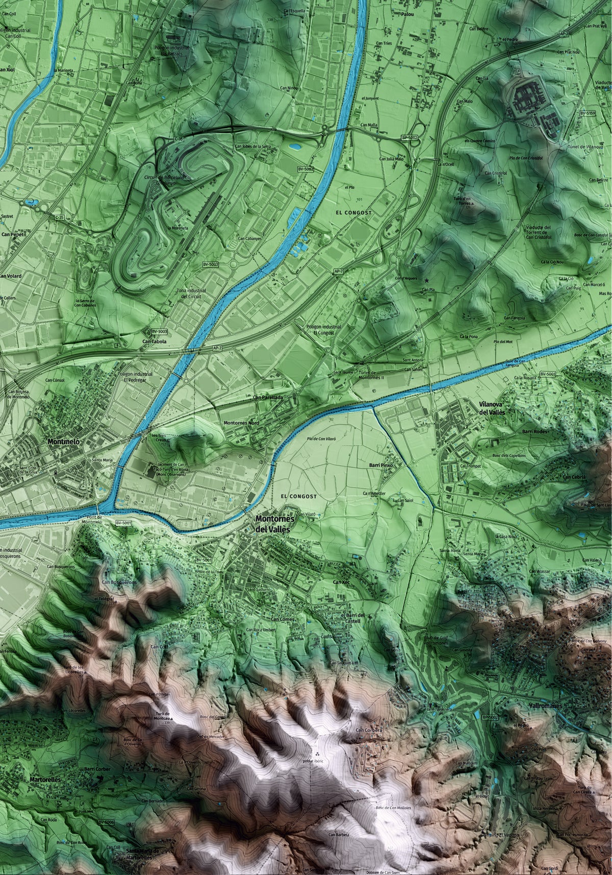 Mapa artístico del relieve de Lliçà de Vall, al Vallès Oriental, con 15 km de entorno y base topográfica ICGC. Detalle de la zona inferior derecha.