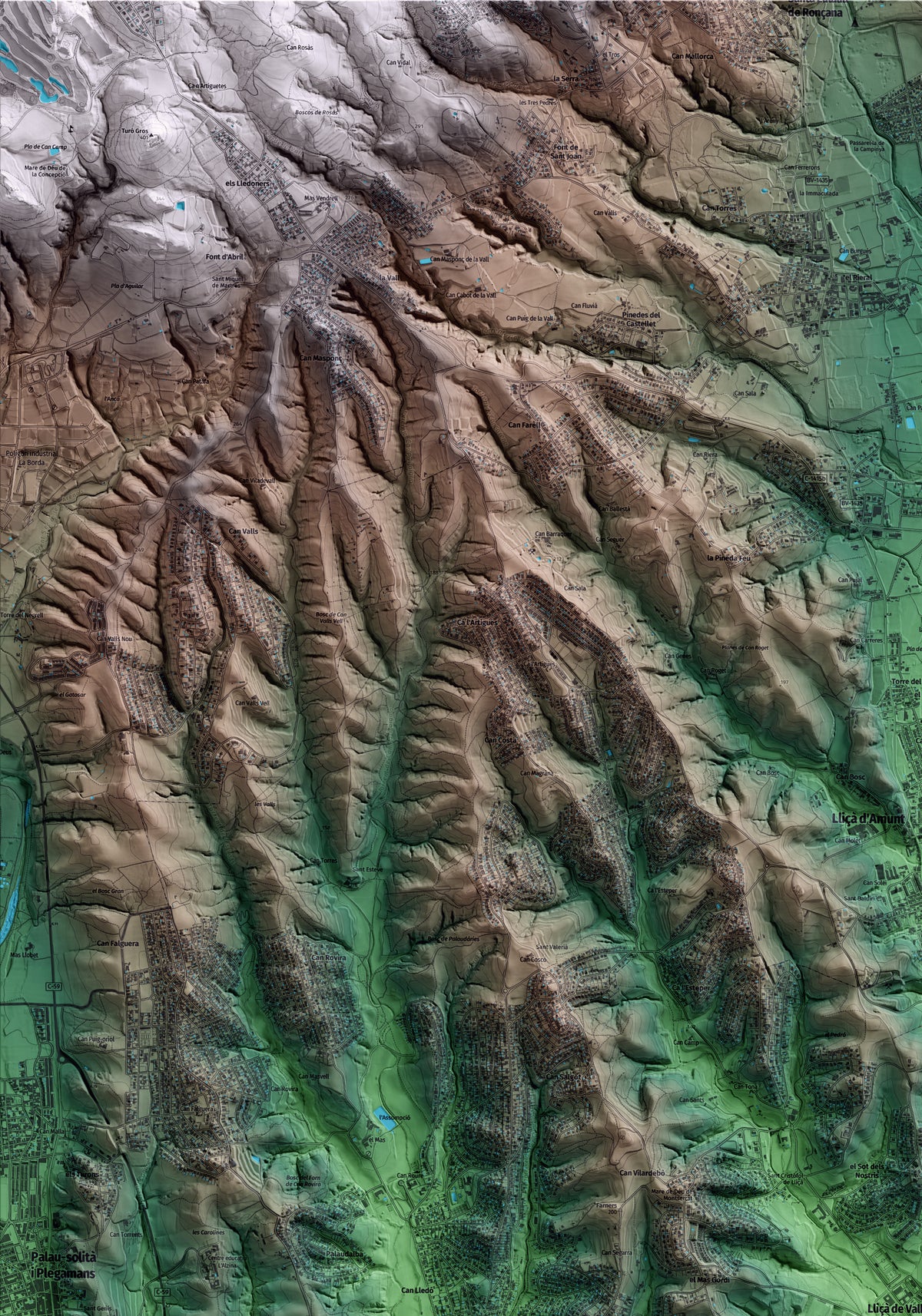 Mapa artístico del relieve de Lliçà de Vall, al Vallès Oriental, con 15 km de entorno y base topográfica ICGC. Detalle de la zona superior izquierda.