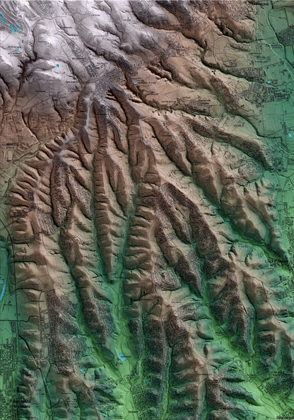 Mapa artístico del relieve de Lliçà de Vall, al Vallès Oriental, con 15 km de entorno y base topográfica ICGC. Detalle de la zona superior izquierda.