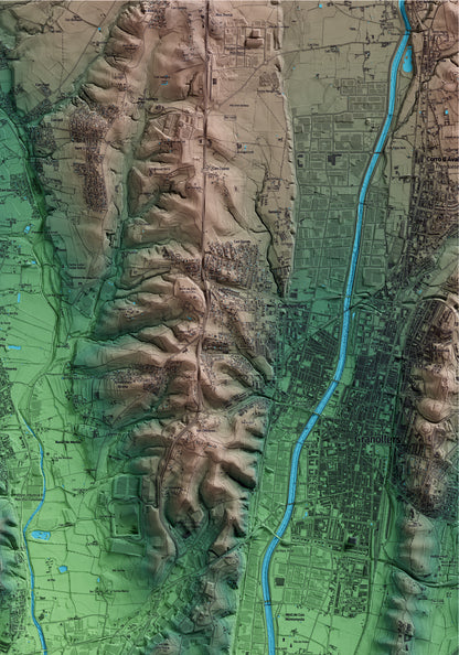 Mapa artístico del relieve de Lliçà de Vall, al Vallès Oriental, con 15 km de entorno y base topográfica ICGC. Detalle de la zona superior derecha.