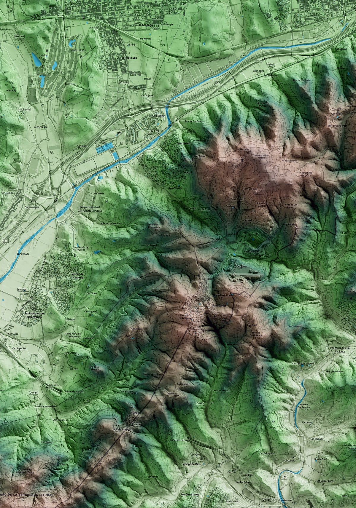 Mapa artístico del relieve de Llinars del Vallès, al Vallès Oriental, con 15 km de entorno y base topográfica ICGC. Detalle de la zona inferior izquierda.
