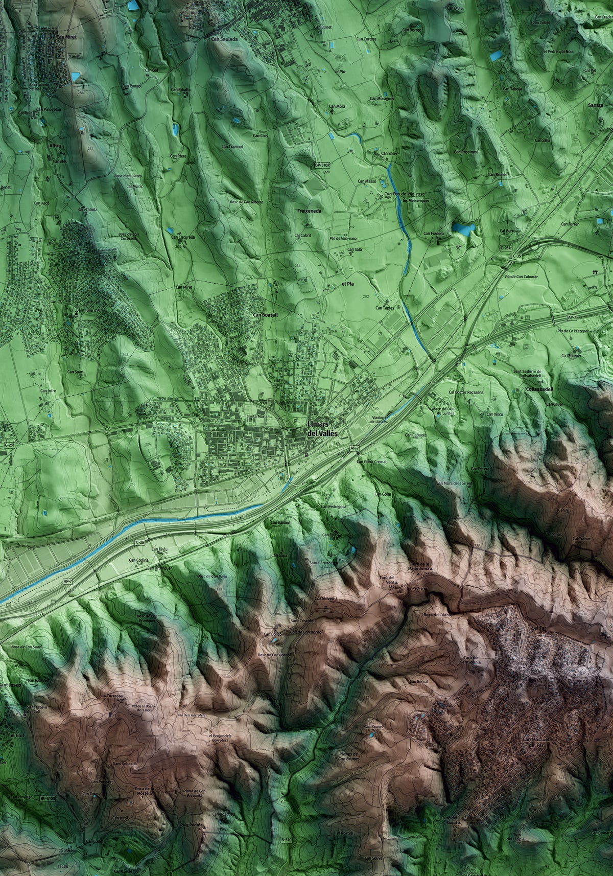 Mapa artístico del relieve de Llinars del Vallès, al Vallès Oriental, con 15 km de entorno y base topográfica ICGC. Detalle de la zona central.