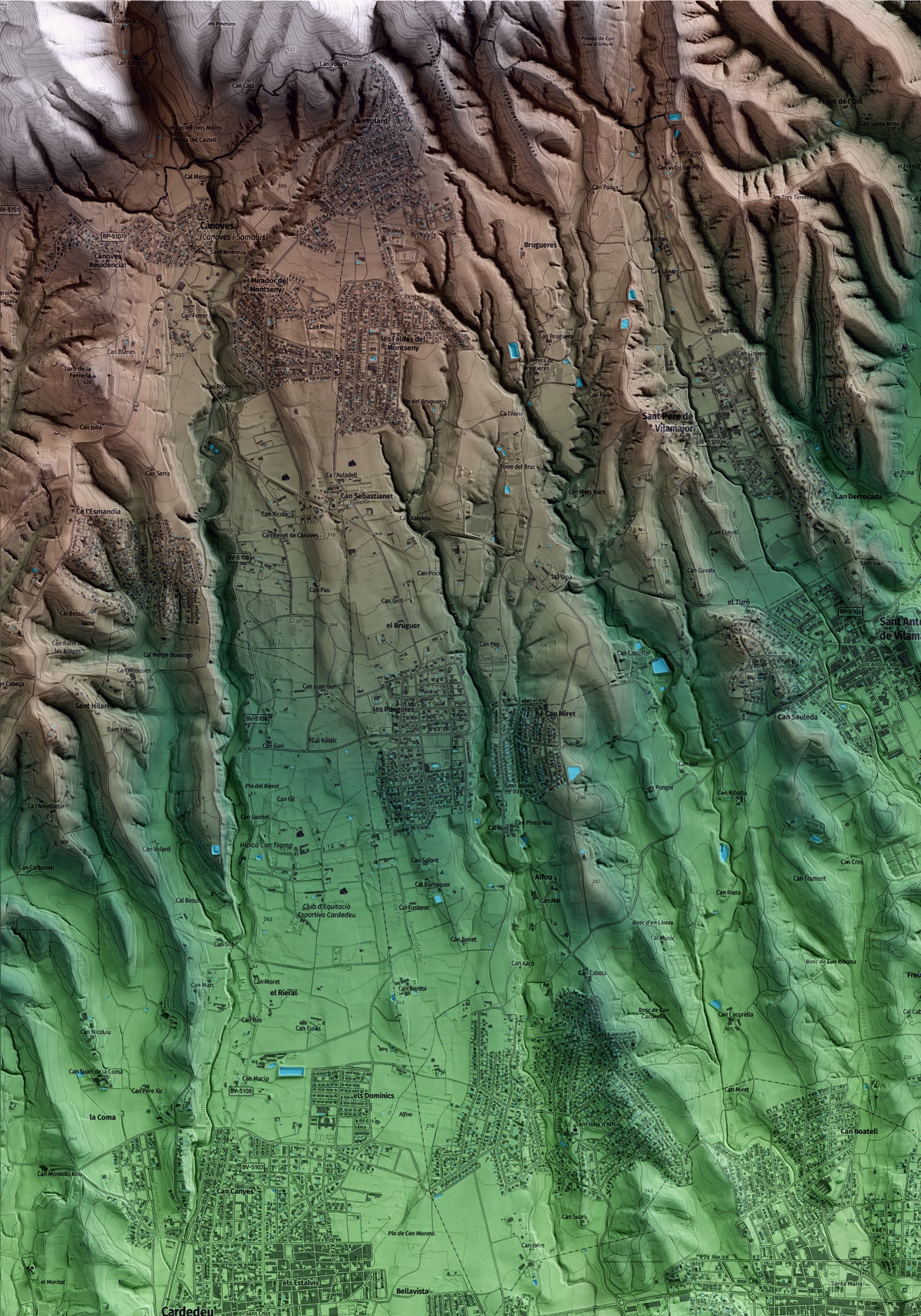 Mapa artístico del relieve de Llinars del Vallès, al Vallès Oriental, con 15 km de entorno y base topográfica ICGC. Detalle de la zona superior izquierda.