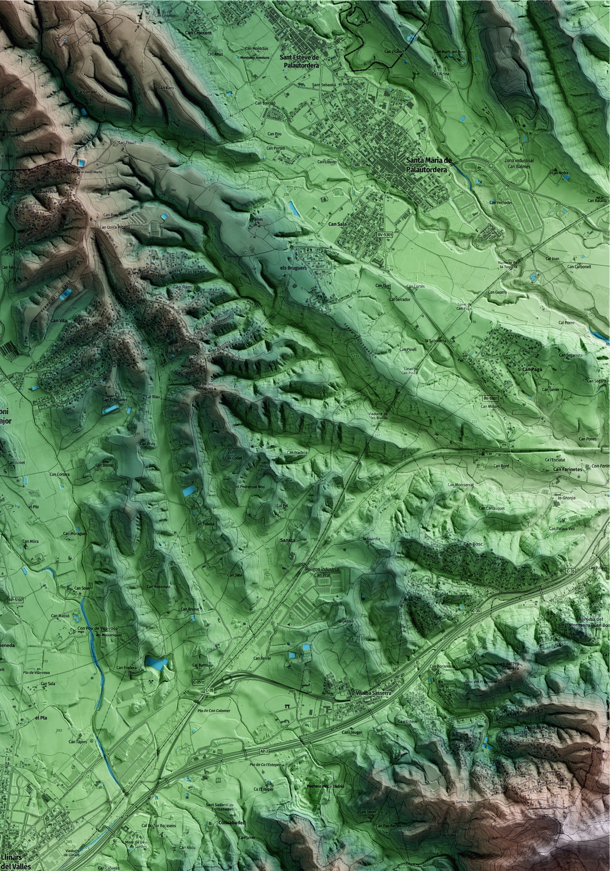 Mapa artístico del relieve de Llinars del Vallès, al Vallès Oriental, con 15 km de entorno y base topográfica ICGC. Detalle de la zona superior derecha.