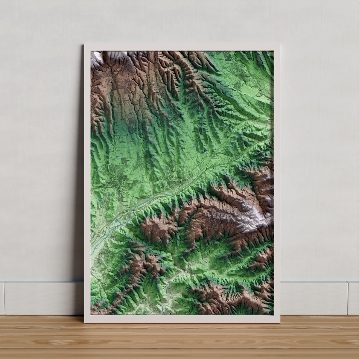 Mapa artístico del relieve de Llinars del Vallès, al Vallès Oriental, con 15 km de entorno y base topográfica ICGC. Presentación enmarcada.