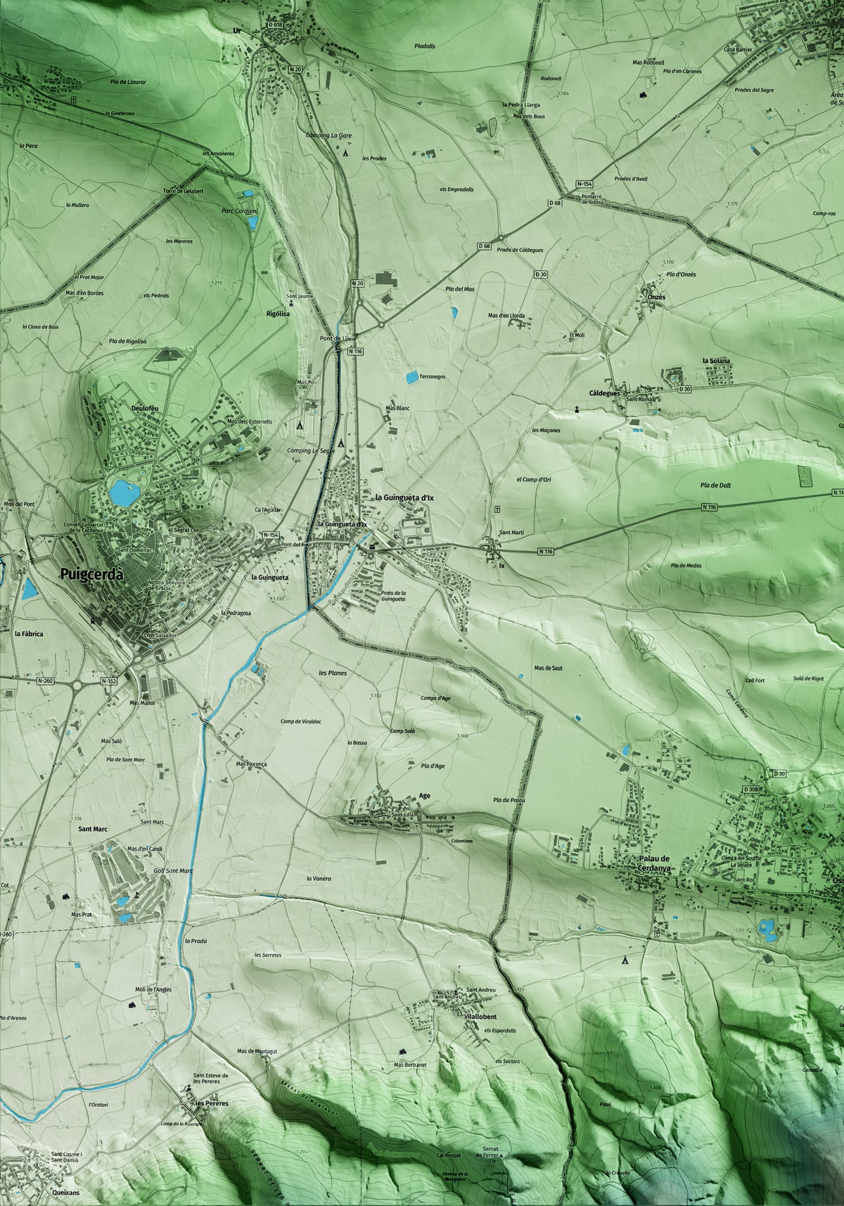 Mapa artístico del relieve de Llívia, a la Cerdanya, con 15 km de entorno y base topográfica ICGC. Detalle de la zona inferior izquierda.