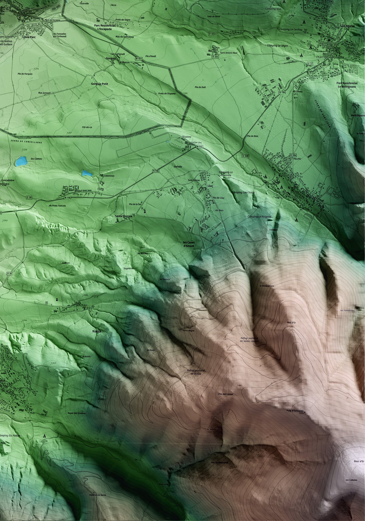 Mapa artístico del relieve de Llívia, a la Cerdanya, con 15 km de entorno y base topográfica ICGC. Detalle de la zona inferior derecha.