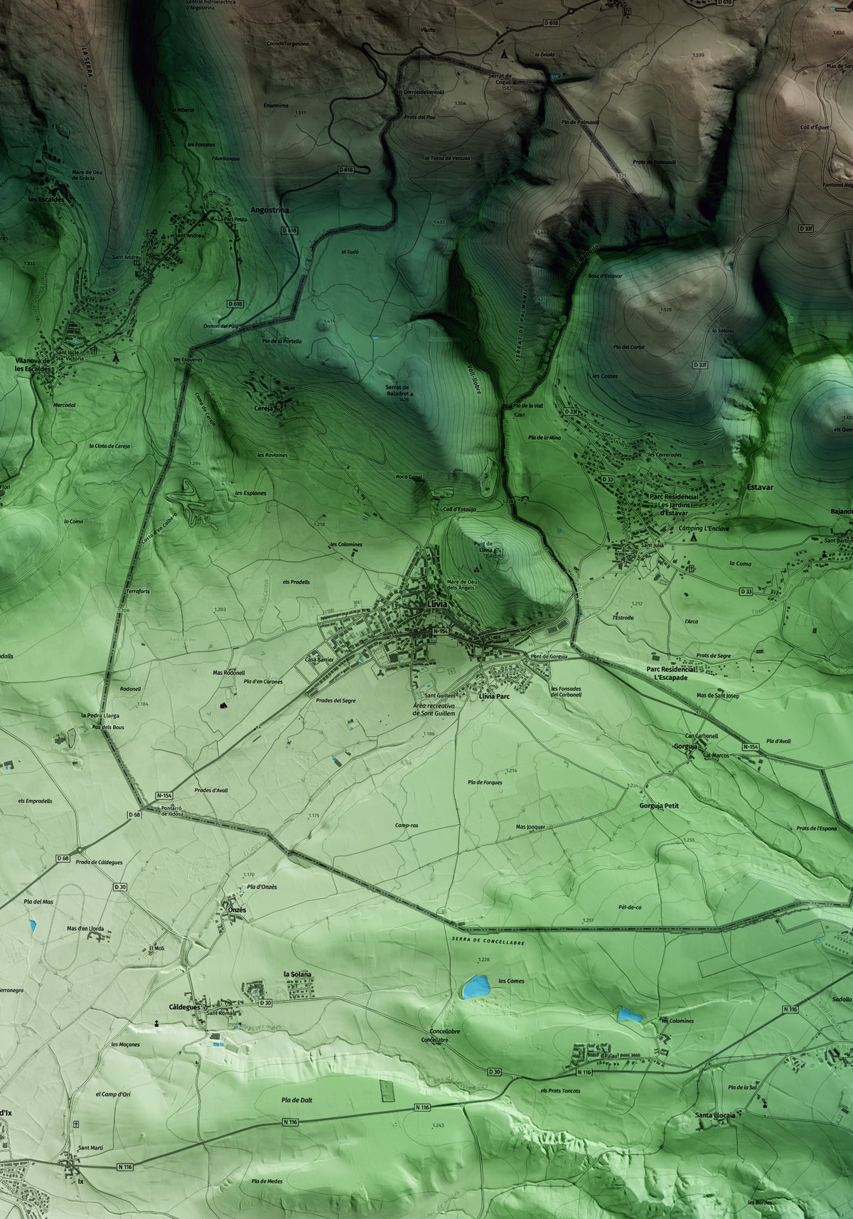 Mapa artístico del relieve de Llívia, a la Cerdanya, con 15 km de entorno y base topográfica ICGC. Detalle de la zona central.