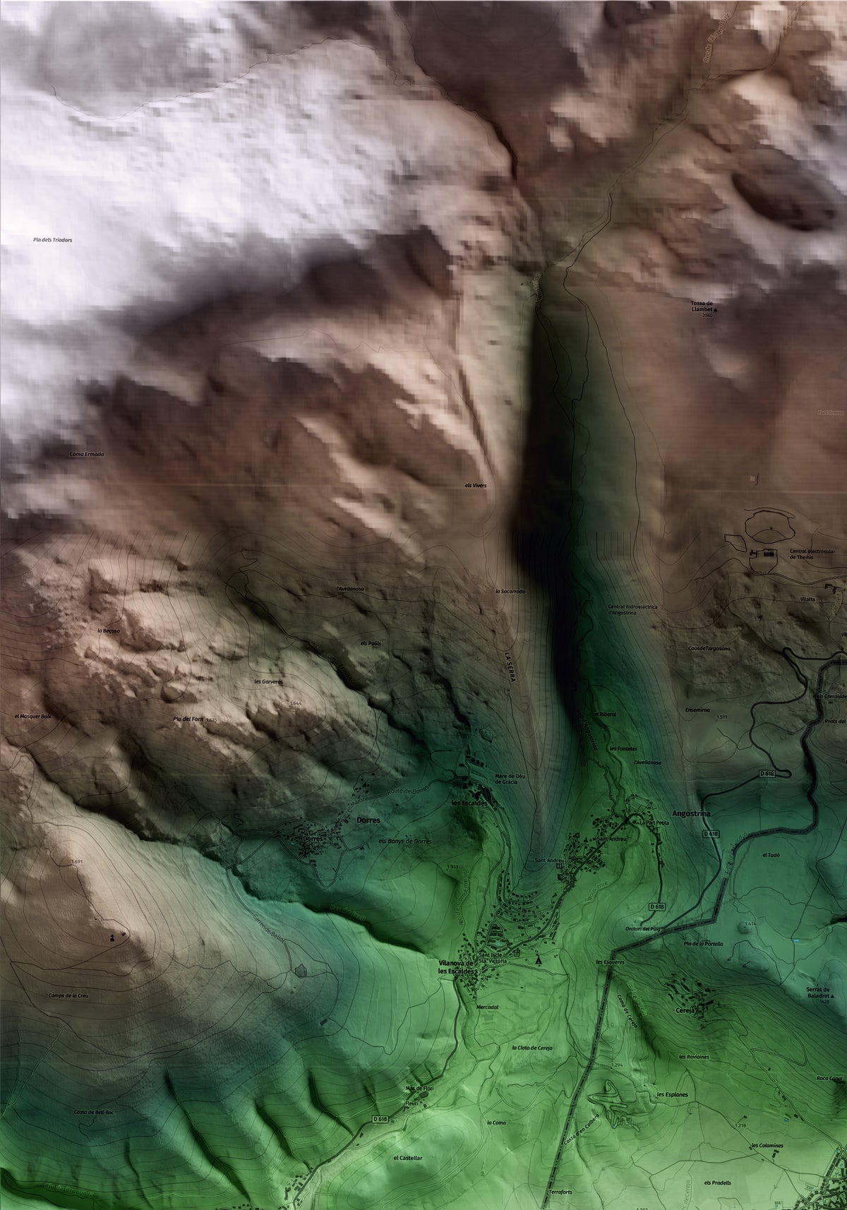 Mapa artístico del relieve de Llívia, a la Cerdanya, con 15 km de entorno y base topográfica ICGC. Detalle de la zona superior izquierda.