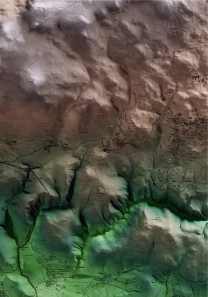 Mapa artístico del relieve de Llívia, a la Cerdanya, con 15 km de entorno y base topográfica ICGC. Detalle de la zona superior derecha.