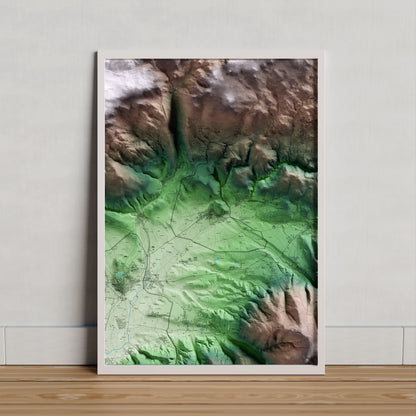 Mapa artístico del relieve de Llívia, a la Cerdanya, con 15 km de entorno y base topográfica ICGC. Presentación enmarcada.