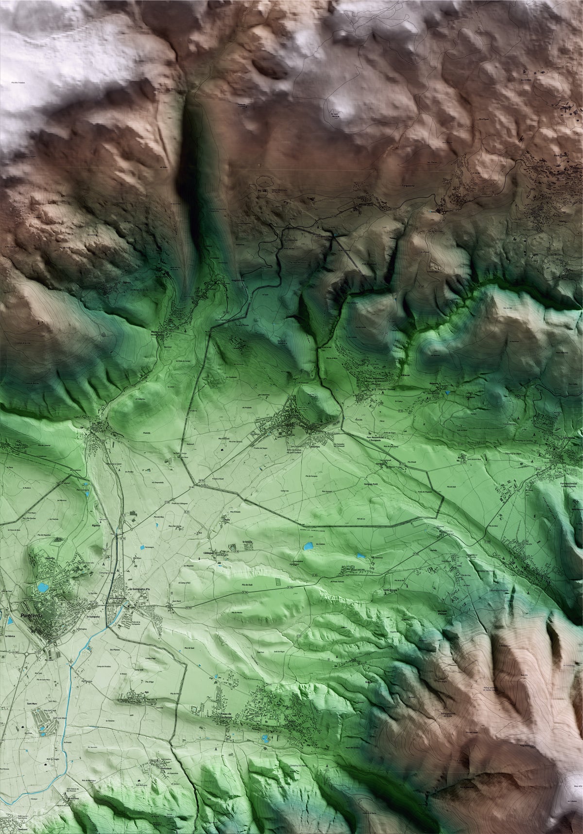 Mapa artístico del relieve de Llívia, a la Cerdanya, con 15 km de entorno y base topográfica ICGC