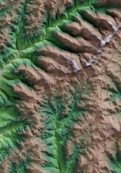 Mapa artístico del relieve de Llobera, al Solsonès, con 15 km de entorno y base topográfica ICGC. Detalle de la zona inferior izquierda.