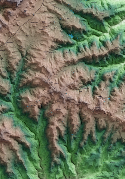 Mapa artístico del relieve de Llobera, al Solsonès, con 15 km de entorno y base topográfica ICGC. Detalle de la zona inferior derecha.