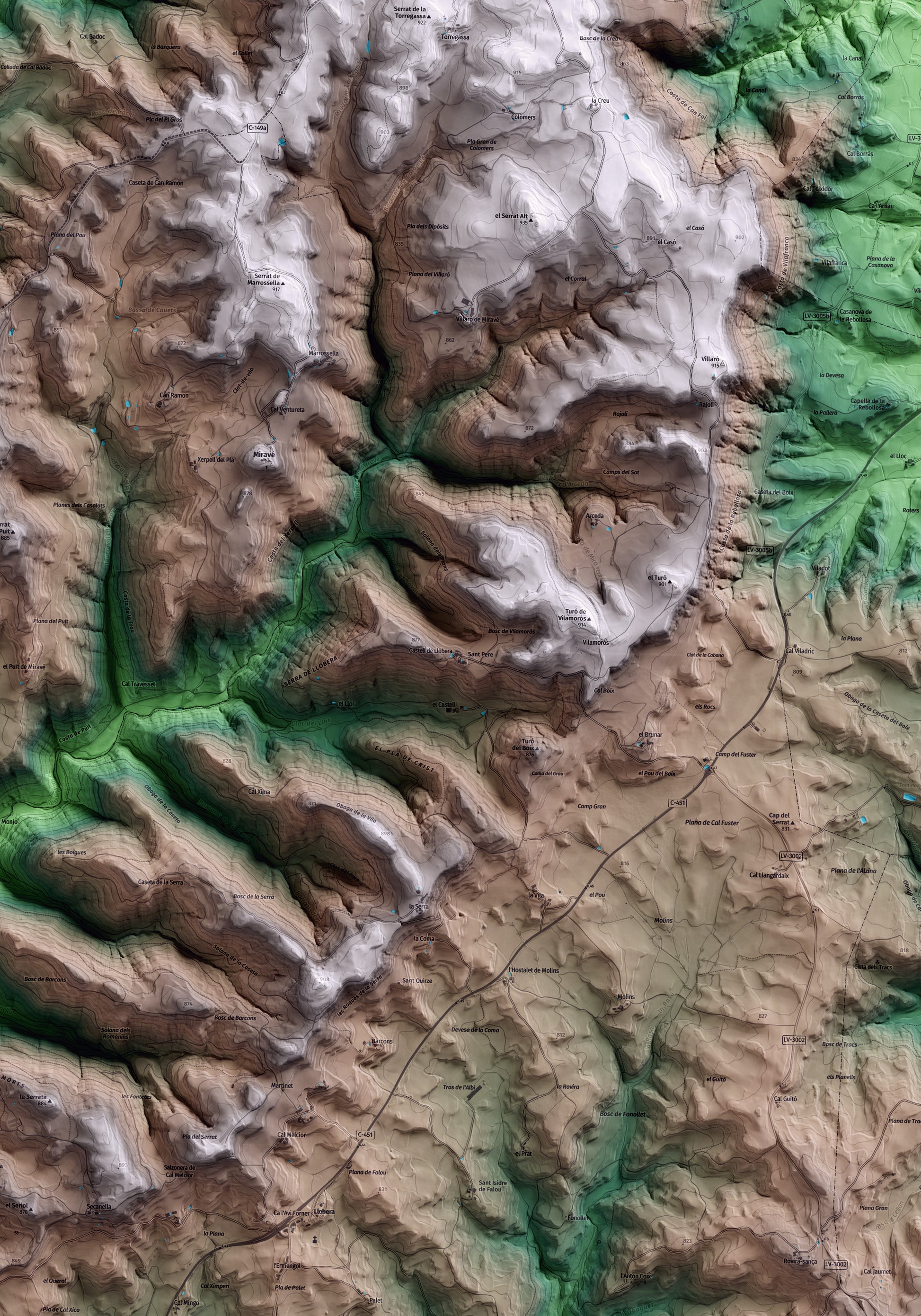 Mapa artístico del relieve de Llobera, al Solsonès, con 15 km de entorno y base topográfica ICGC. Detalle de la zona central.