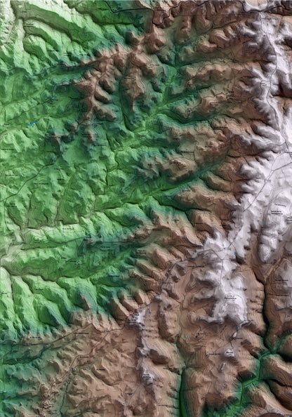 Mapa artístico del relieve de Llobera, al Solsonès, con 15 km de entorno y base topográfica ICGC. Detalle de la zona superior izquierda.
