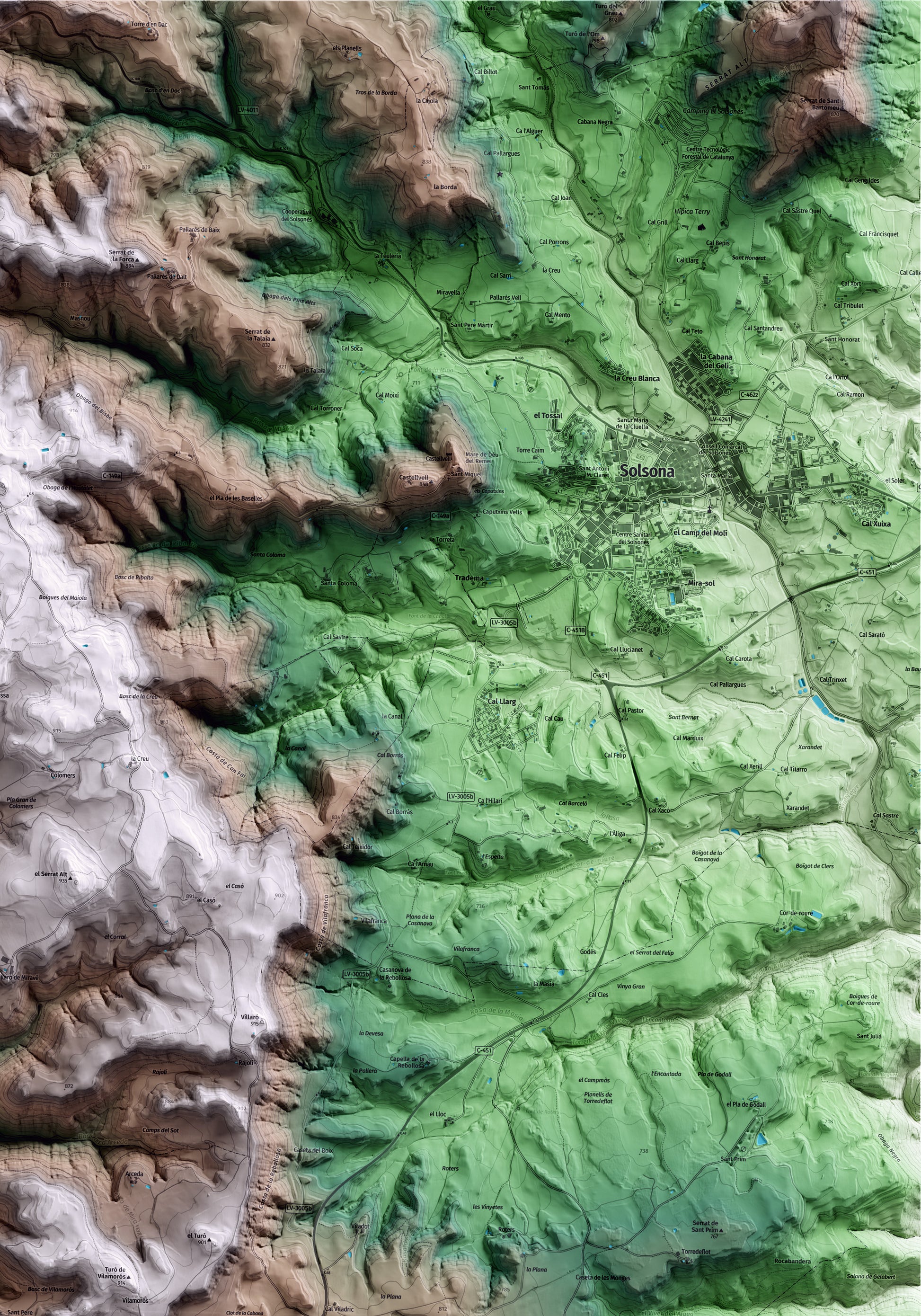 Mapa artístico del relieve de Llobera, al Solsonès, con 15 km de entorno y base topográfica ICGC. Detalle de la zona superior derecha.