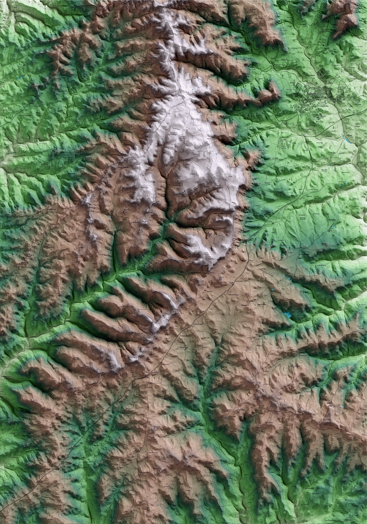 Mapa artístico del relieve de Llobera, al Solsonès, con 15 km de entorno y base topográfica ICGC