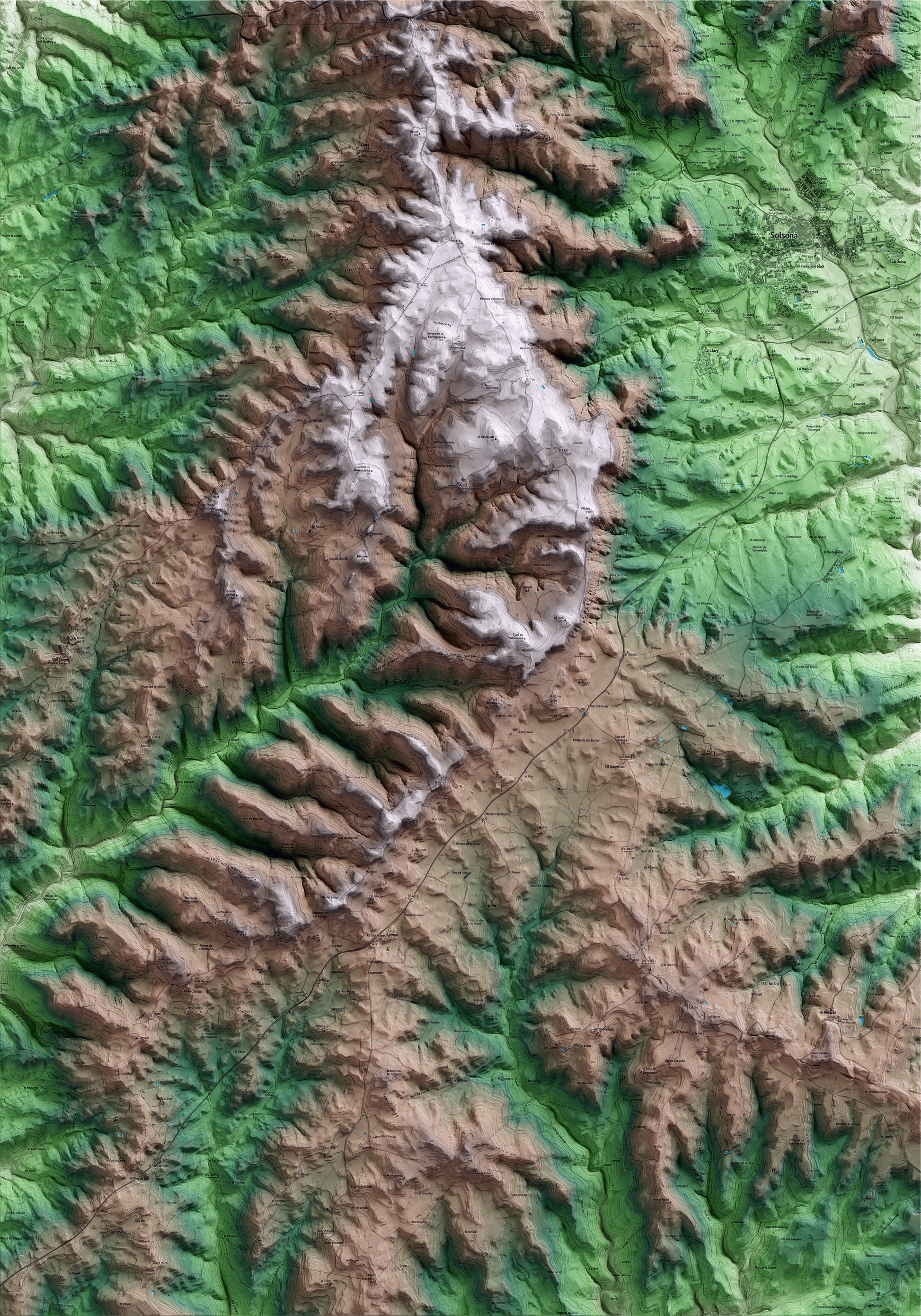 Mapa artístico del relieve de Llobera, al Solsonès, con 15 km de entorno y base topográfica ICGC