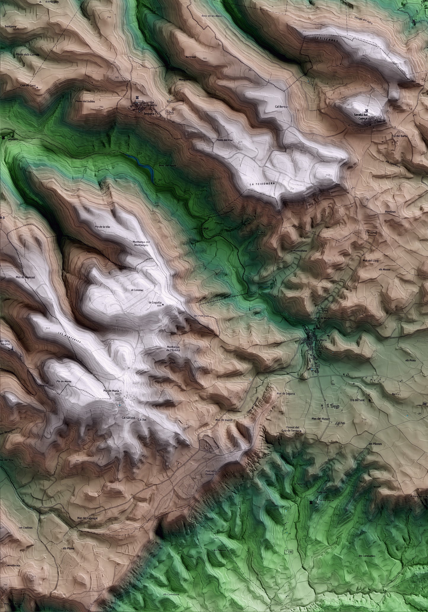 Mapa artístico del relieve de Llorac, a la Conca de Barberà, con 15 km de entorno y base topográfica ICGC. Detalle de la zona inferior izquierda.