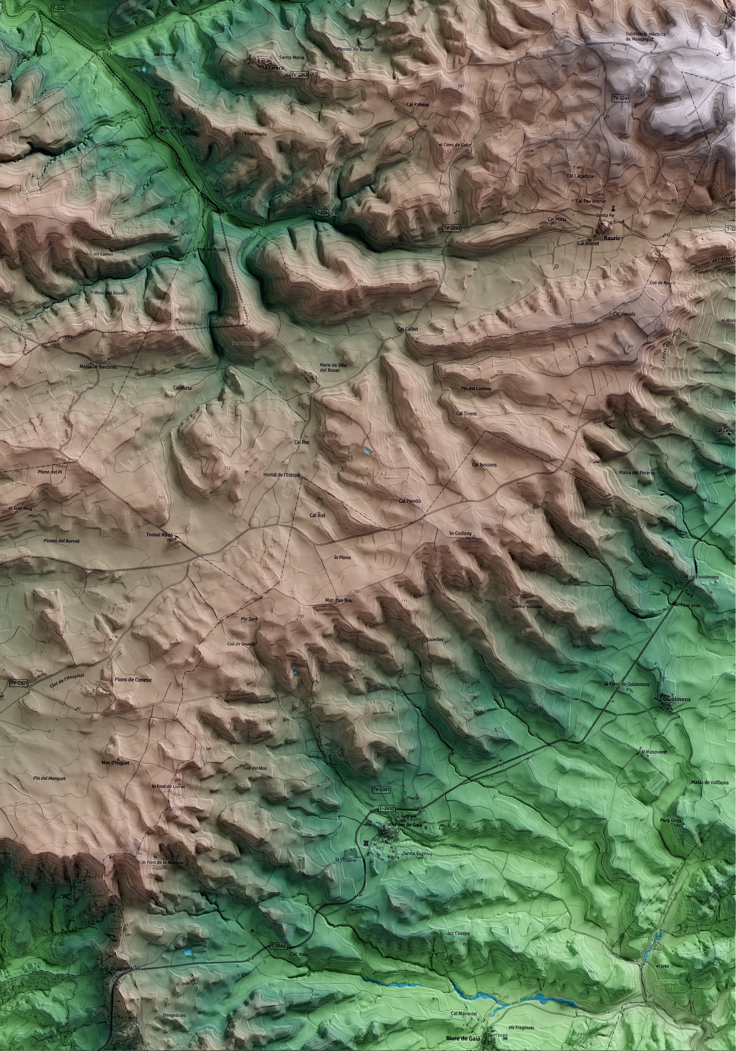 Mapa artístico del relieve de Llorac, a la Conca de Barberà, con 15 km de entorno y base topográfica ICGC. Detalle de la zona inferior derecha.