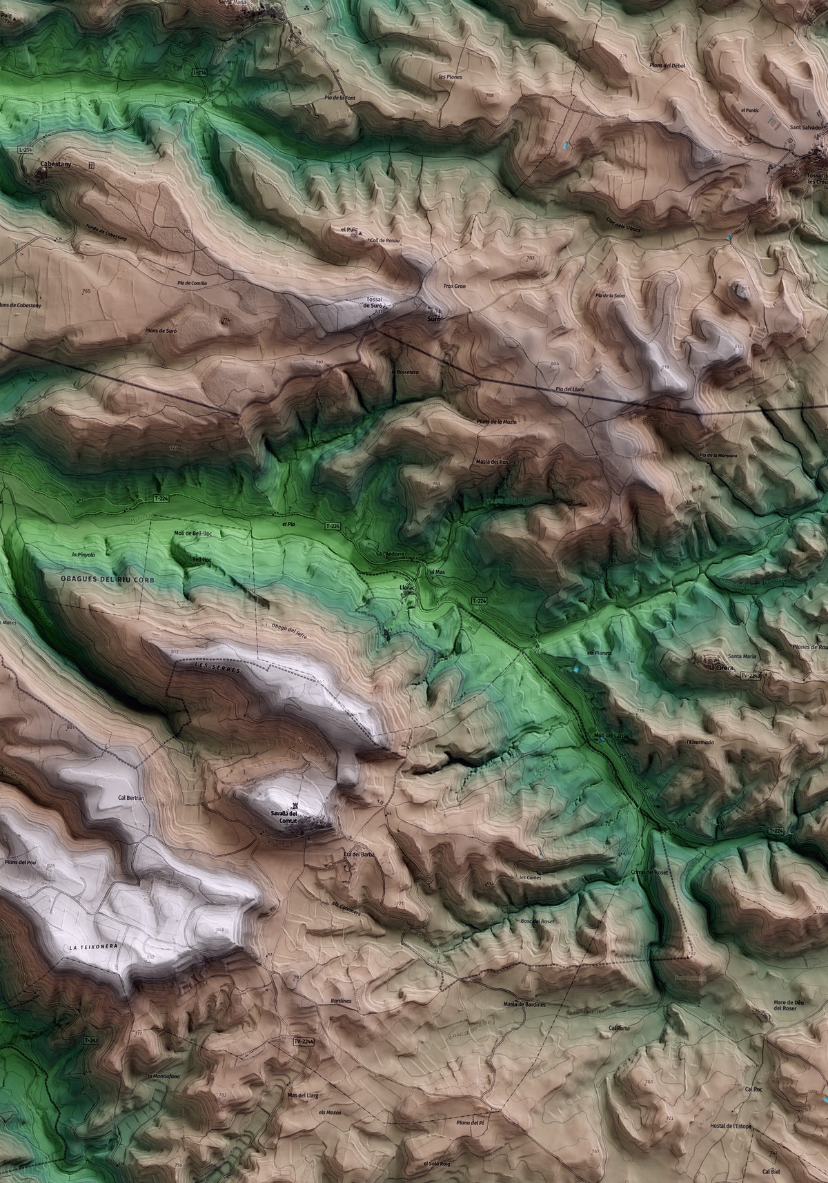 Mapa artístico del relieve de Llorac, a la Conca de Barberà, con 15 km de entorno y base topográfica ICGC. Detalle de la zona central.