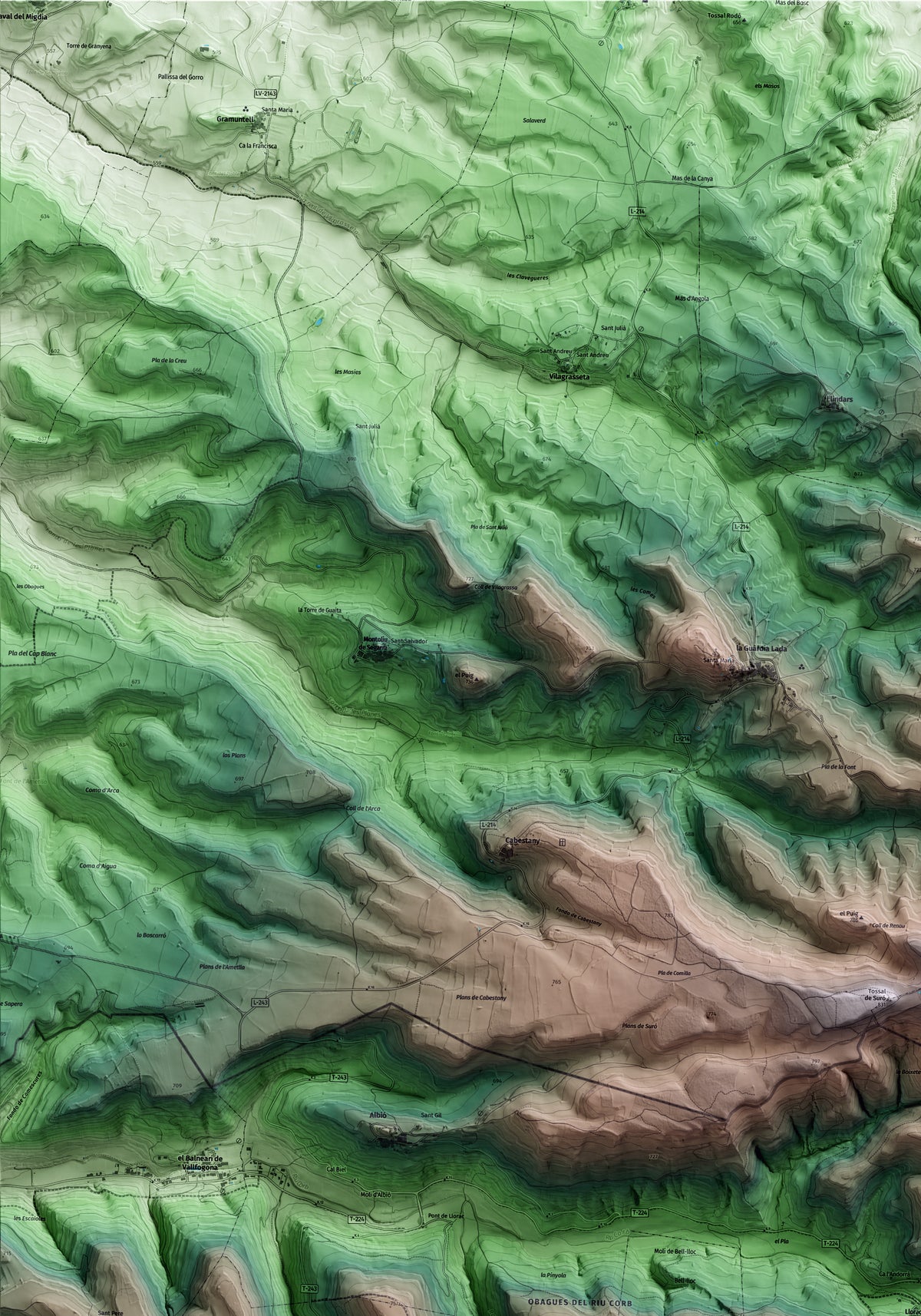 Mapa artístico del relieve de Llorac, a la Conca de Barberà, con 15 km de entorno y base topográfica ICGC. Detalle de la zona superior izquierda.