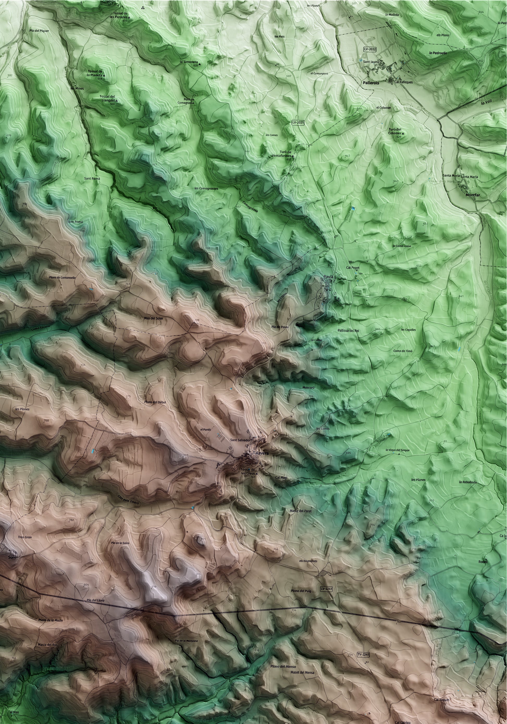 Mapa artístico del relieve de Llorac, a la Conca de Barberà, con 15 km de entorno y base topográfica ICGC. Detalle de la zona superior derecha.
