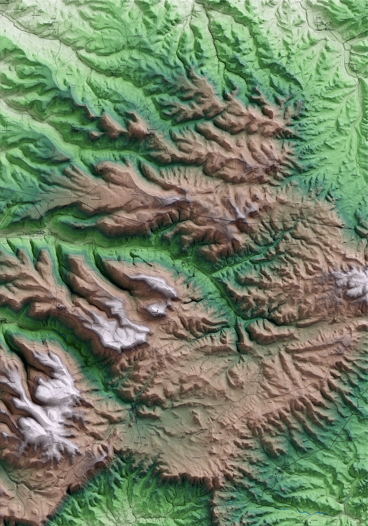 Mapa artístico del relieve de Llorac, a la Conca de Barberà, con 15 km de entorno y base topográfica ICGC