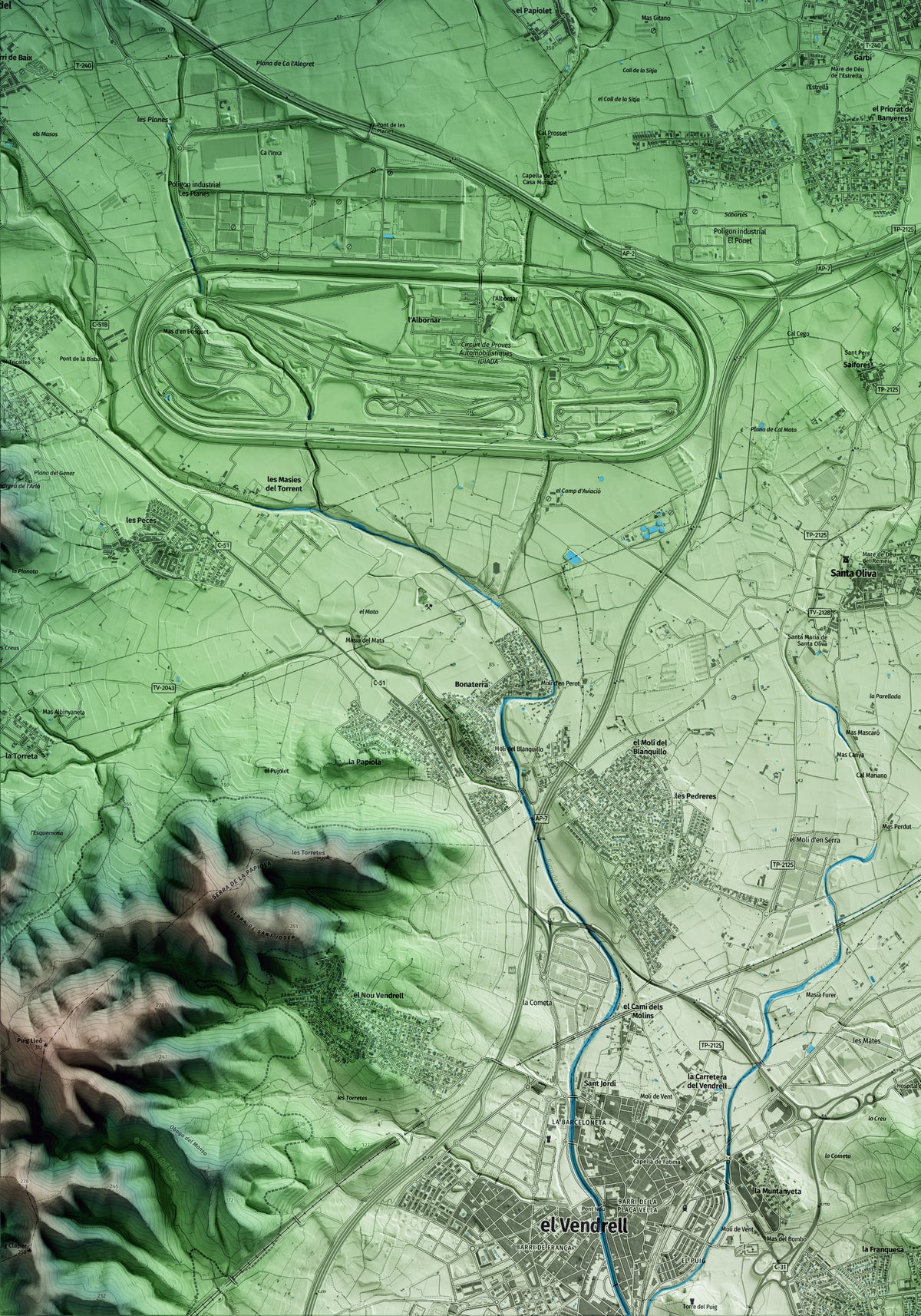 Mapa artístico del relieve de Llorenç del Penedès, al Baix Penedès, con 15 km de entorno y base topográfica ICGC. Detalle de la zona inferior izquierda.