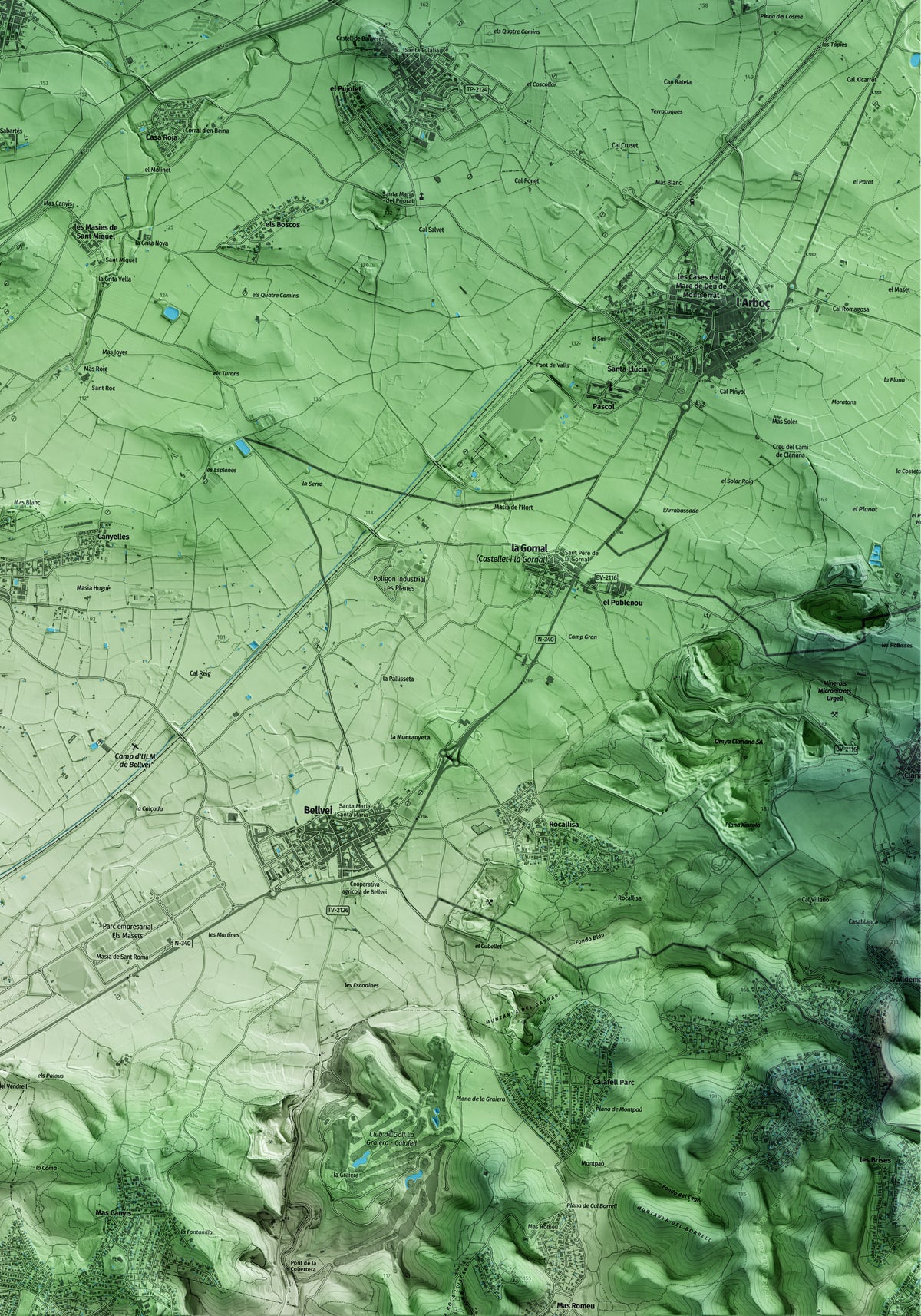 Mapa artístico del relieve de Llorenç del Penedès, al Baix Penedès, con 15 km de entorno y base topográfica ICGC. Detalle de la zona inferior derecha.