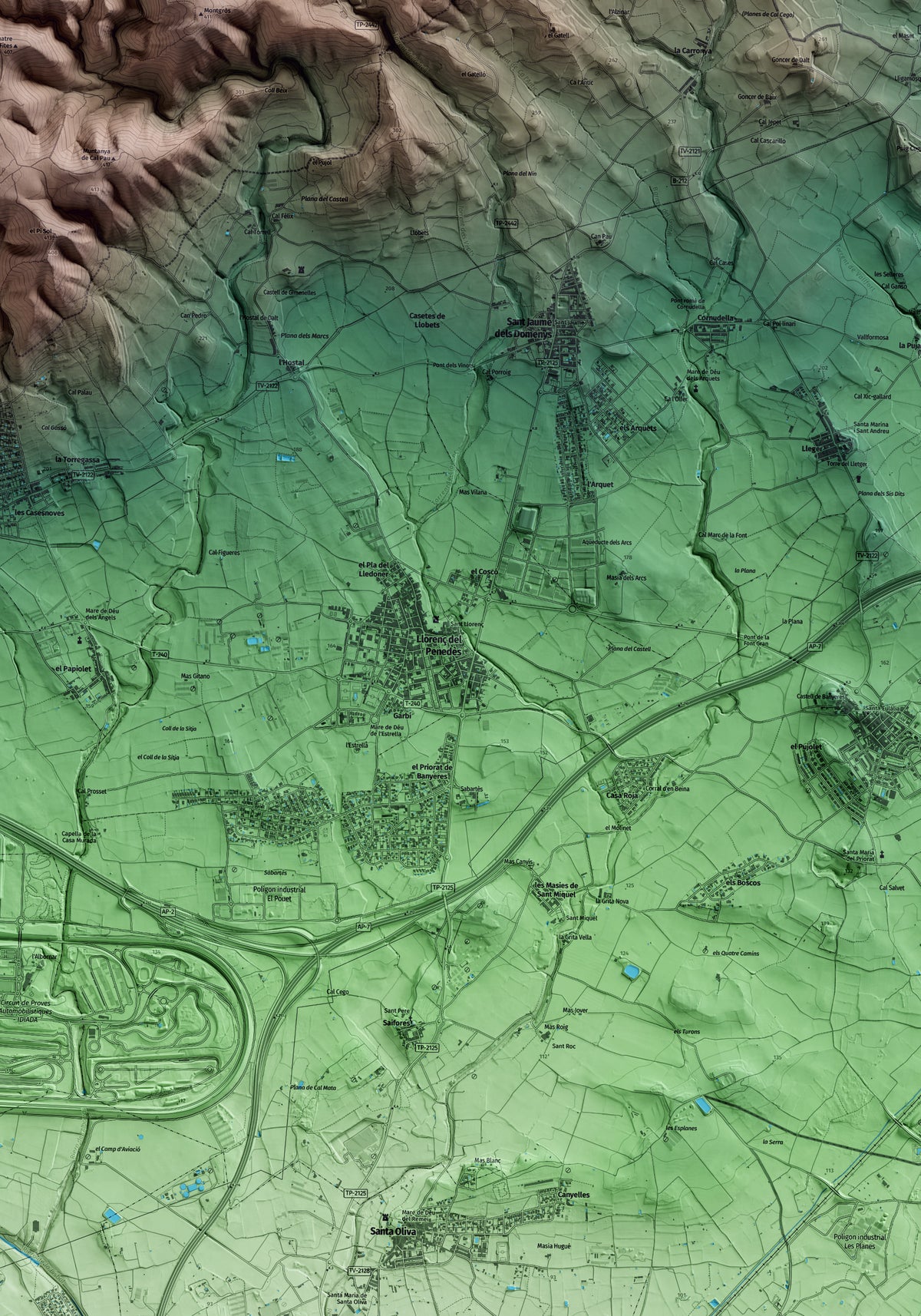 Mapa artístico del relieve de Llorenç del Penedès, al Baix Penedès, con 15 km de entorno y base topográfica ICGC. Detalle de la zona central.