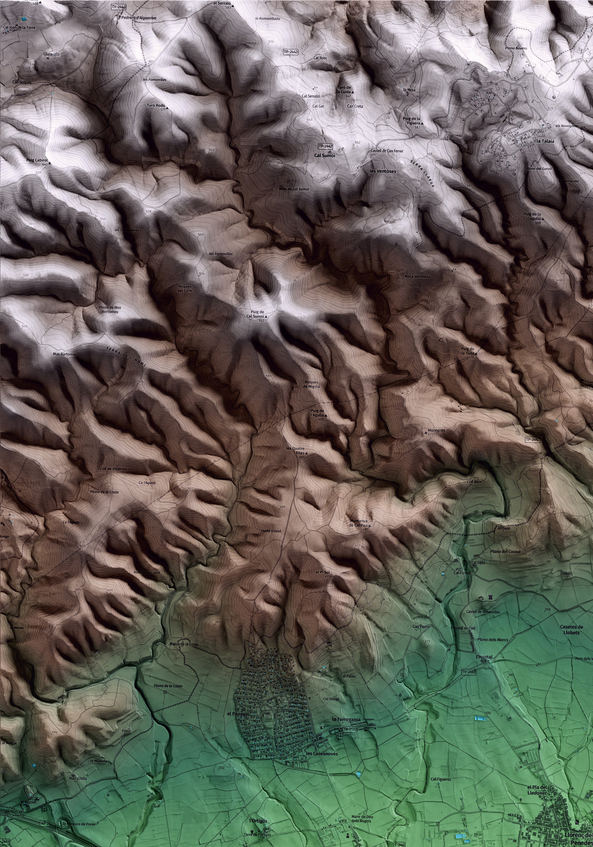 Mapa artístico del relieve de Llorenç del Penedès, al Baix Penedès, con 15 km de entorno y base topográfica ICGC. Detalle de la zona superior izquierda.