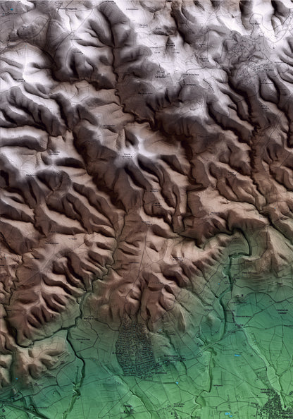 Mapa artístico del relieve de Llorenç del Penedès, al Baix Penedès, con 15 km de entorno y base topográfica ICGC. Detalle de la zona superior izquierda.