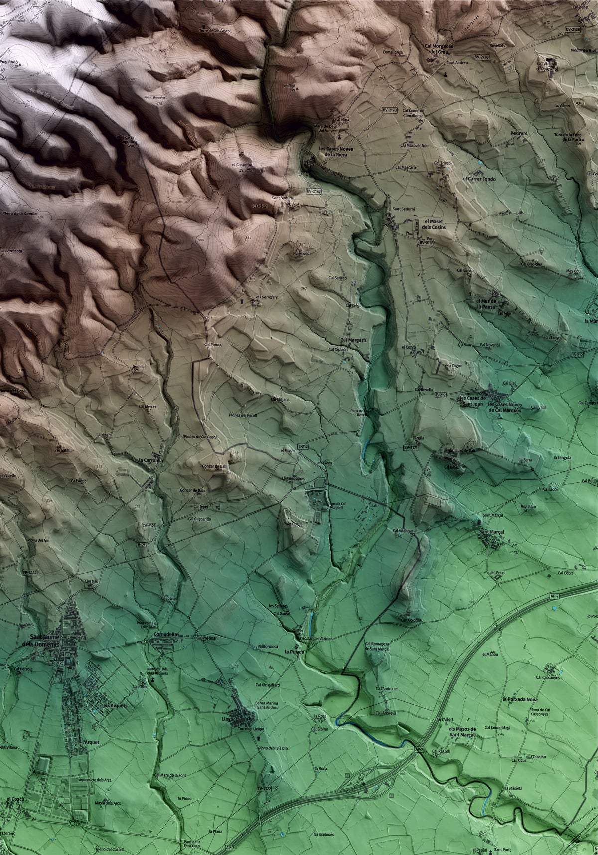 Mapa artístico del relieve de Llorenç del Penedès, al Baix Penedès, con 15 km de entorno y base topográfica ICGC. Detalle de la zona superior derecha.