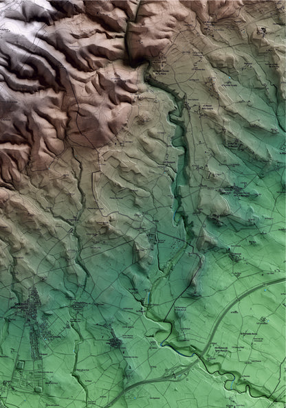 Mapa artístico del relieve de Llorenç del Penedès, al Baix Penedès, con 15 km de entorno y base topográfica ICGC. Detalle de la zona superior derecha.