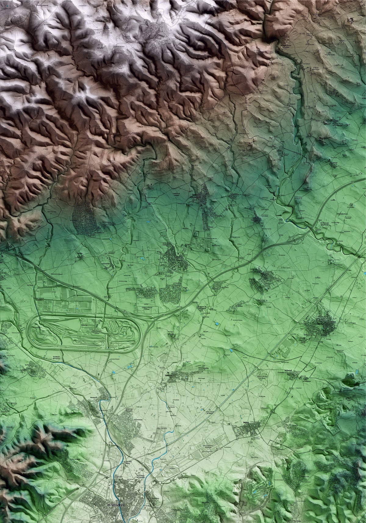 Mapa artístico del relieve de Llorenç del Penedès, al Baix Penedès, con 15 km de entorno y base topográfica ICGC