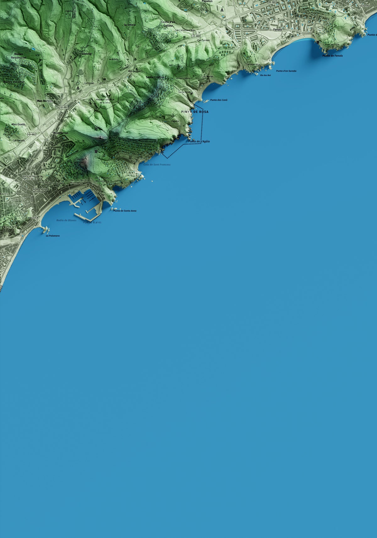 Mapa artístico del relieve de Lloret de Mar, a la Selva, con 15 km de entorno y base topográfica ICGC. Detalle de la zona inferior izquierda.