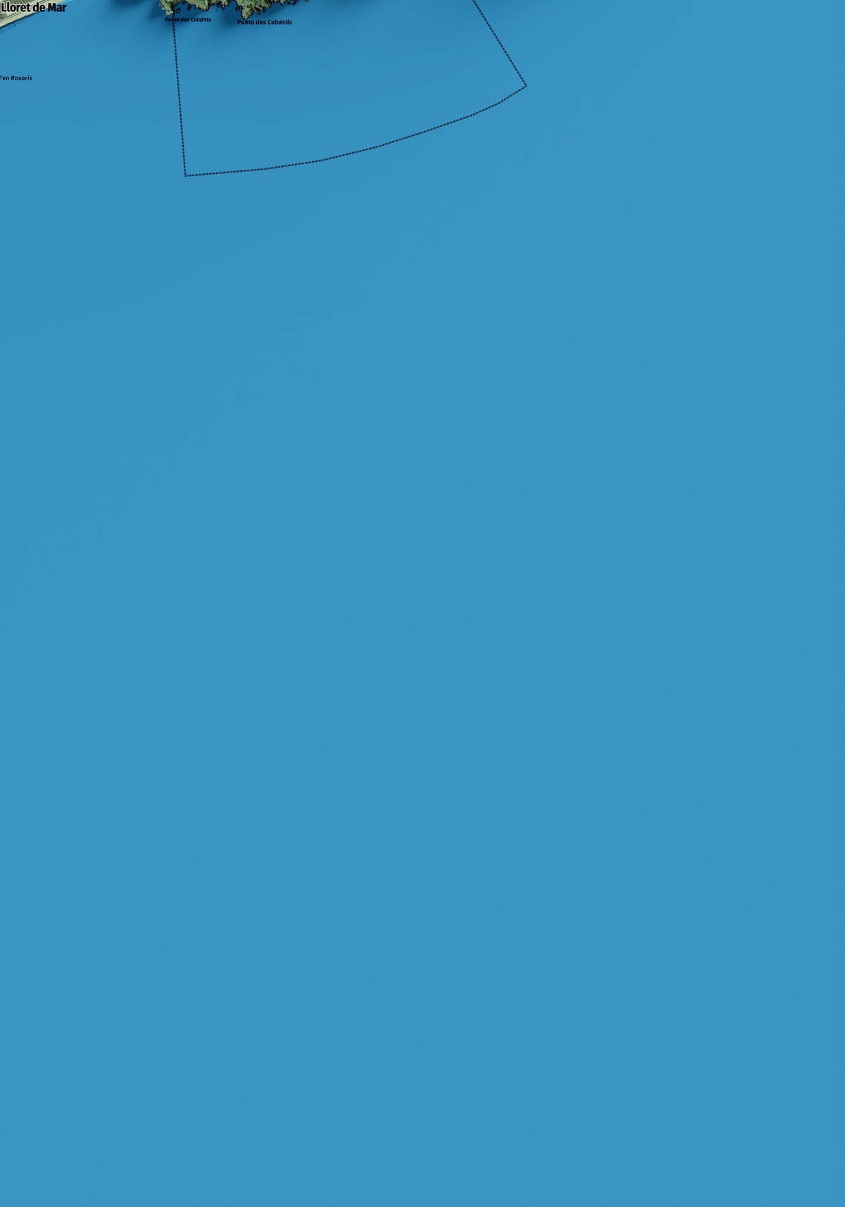 Mapa artístico del relieve de Lloret de Mar, a la Selva, con 15 km de entorno y base topográfica ICGC. Detalle de la zona inferior derecha.