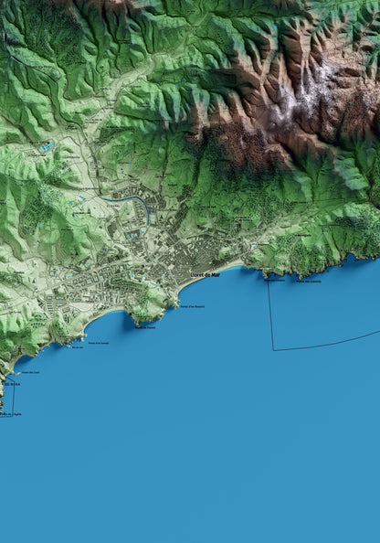 Mapa artístico del relieve de Lloret de Mar, a la Selva, con 15 km de entorno y base topográfica ICGC. Detalle de la zona central.