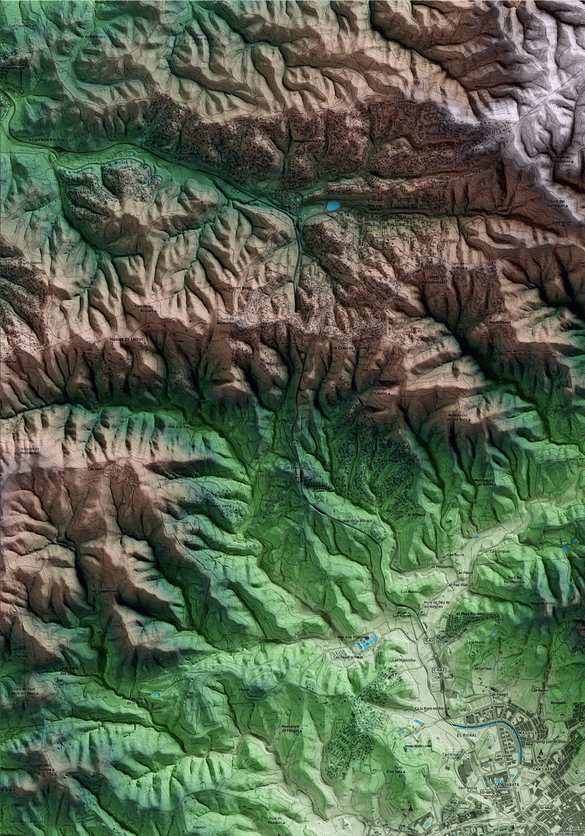 Mapa artístico del relieve de Lloret de Mar, a la Selva, con 15 km de entorno y base topográfica ICGC. Detalle de la zona superior izquierda.
