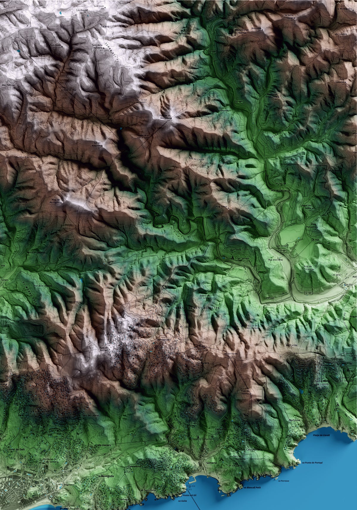 Mapa artístico del relieve de Lloret de Mar, a la Selva, con 15 km de entorno y base topográfica ICGC. Detalle de la zona superior derecha.