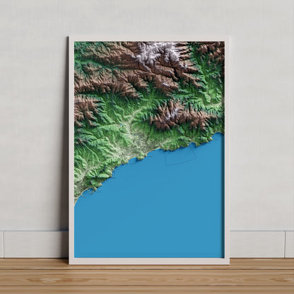 Mapa artístico del relieve de Lloret de Mar, a la Selva, con 15 km de entorno y base topográfica ICGC. Presentación enmarcada.