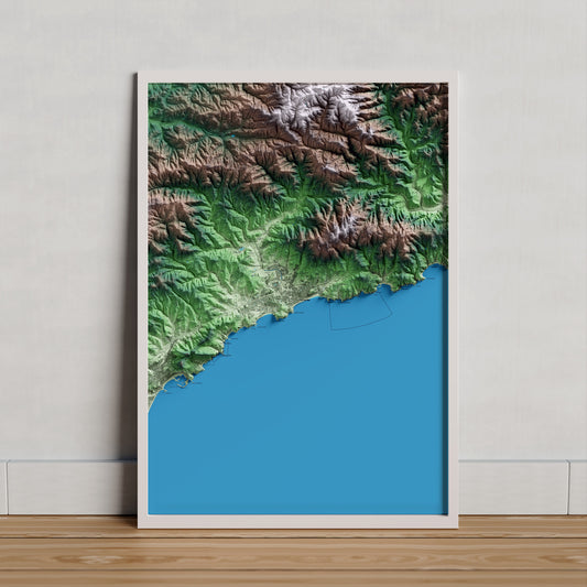 Mapa artístico del relieve de Lloret de Mar, a la Selva, con 15 km de entorno y base topográfica ICGC. Presentación enmarcada.
