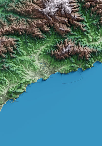 Mapa artístico del relieve de Lloret de Mar, a la Selva, con 15 km de entorno y base topográfica ICGC