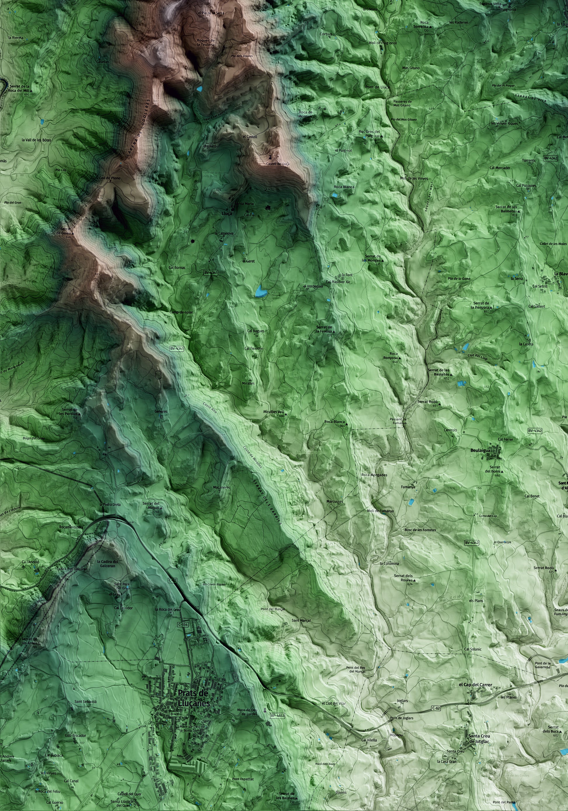 Mapa artístico del relieve de Lluçà, al Lluçanès, con 15 km de entorno y base topográfica ICGC. Detalle de la zona inferior izquierda.