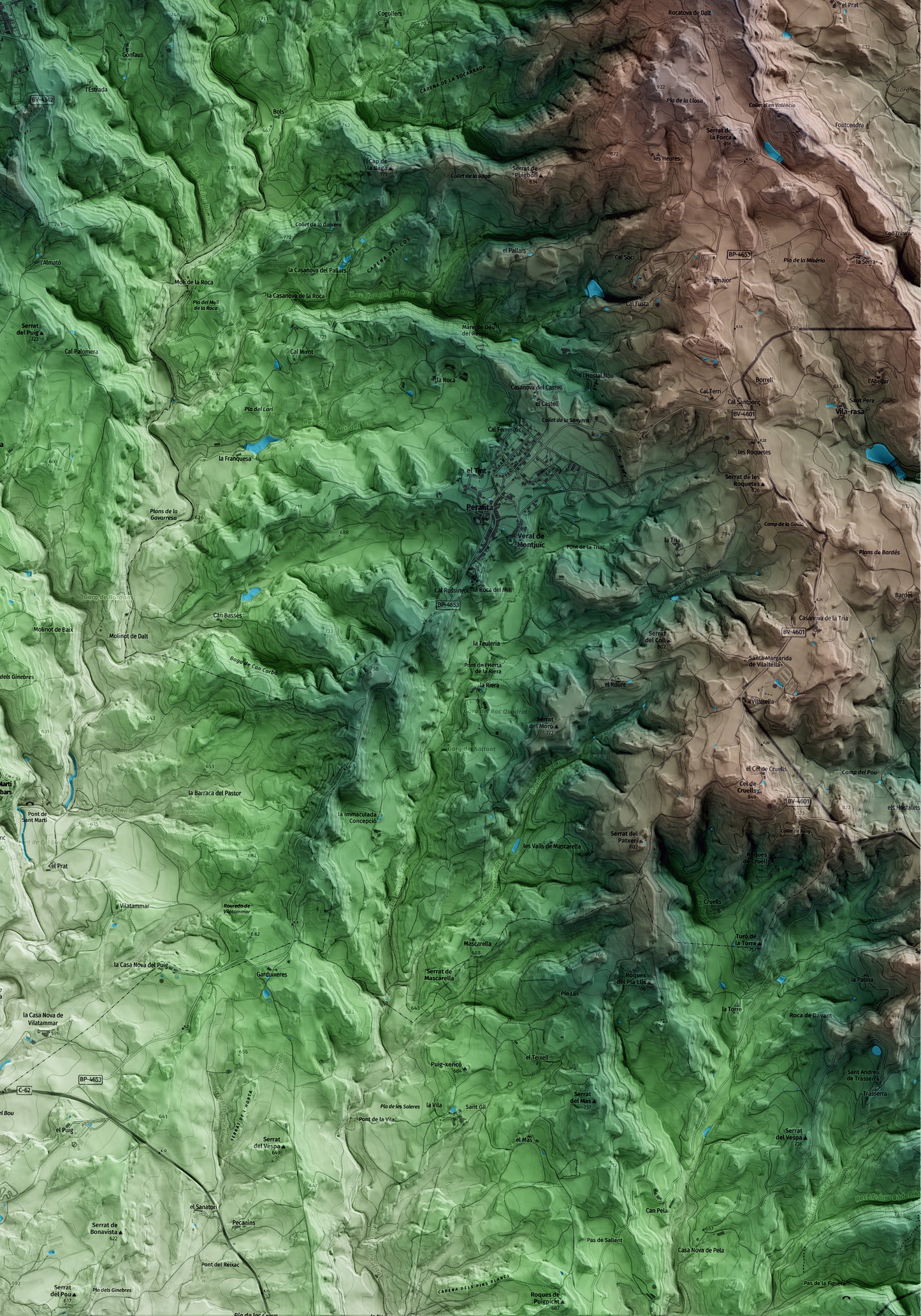 Mapa artístico del relieve de Lluçà, al Lluçanès, con 15 km de entorno y base topográfica ICGC. Detalle de la zona inferior derecha.